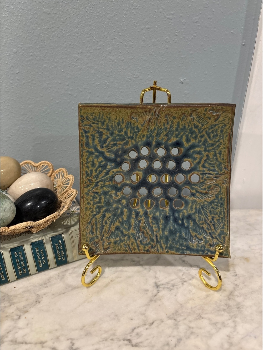 Studio Pottery Flower Frog, Blue Brown Drip Glaze, Pierced Ceramic Frog